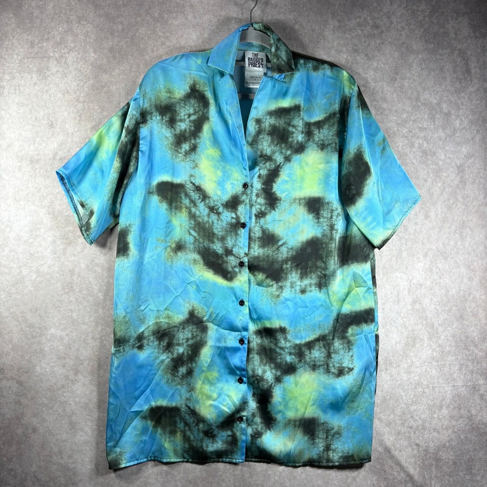 The‎ Ragged Priest Shirt Mens S Blue Tie Dye Satin Button Down Streetwear Grunge